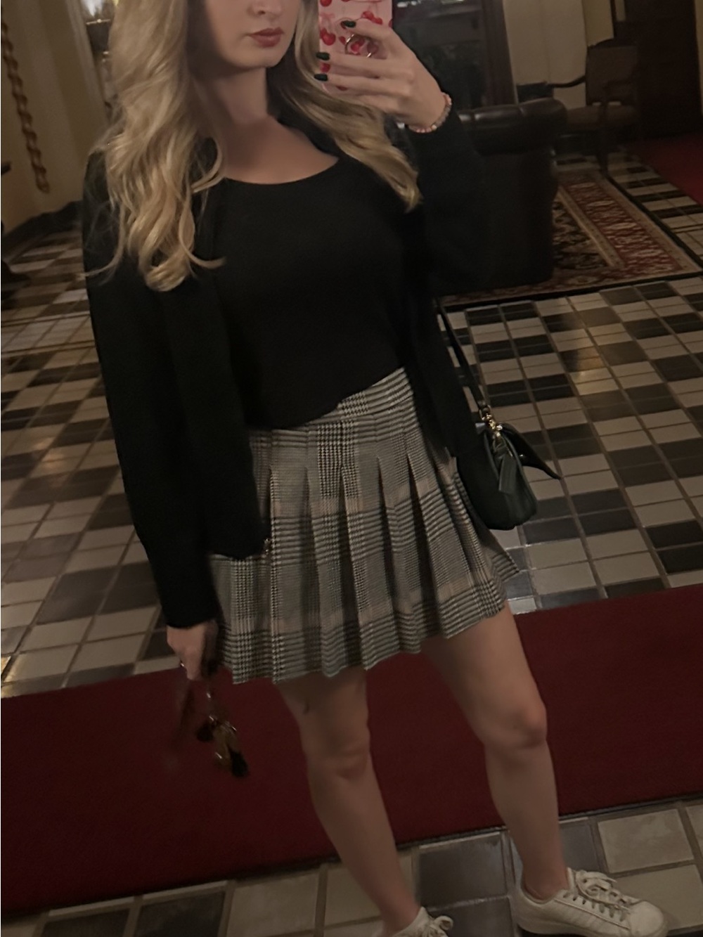 Plaid Pleated Mini Skort in Black, White, and Pink